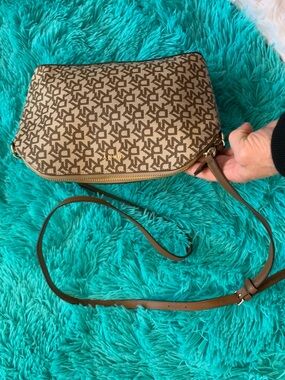 DKNY Beige & Brown Signature Monogram Crossbody Bag